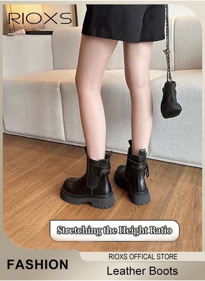 RIOXS Women's Chelsea Boots, Fashionable Chunky Leather Boots, Simple Pull-on Lug Ankle Boots with Comfortable Sole, Perfect to Complement Your Look  - Image 4