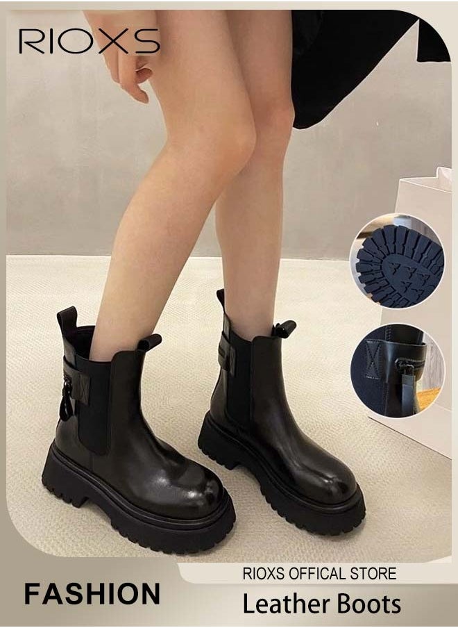 RIOXS Women's Chelsea Boots, Fashionable Chunky Leather Boots, Simple Pull-on Lug Ankle Boots with Comfortable Sole, Perfect to Complement Your Look  - Image 1