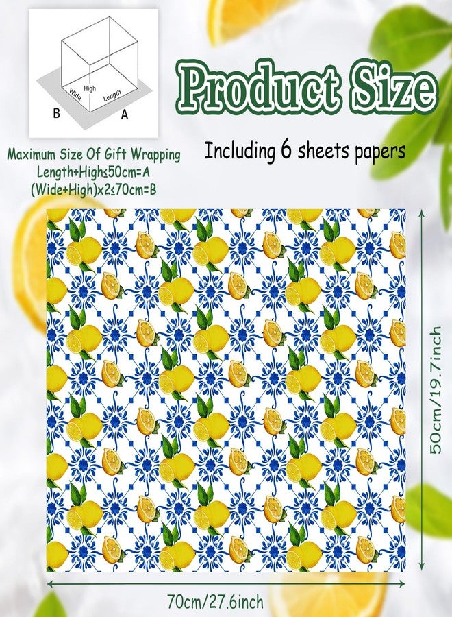 Boerni Yellow Lemon and Blue White Floral Citrus Wrapping Paper, 6 Foled Flat Sheets in 6 Designs 23 sq. ft. ttl. ,Moroccan Blue Tiles Gift Wrap for Women Girls Wedding Spring Summer Birthday Thanksgiving Party Baby Shower Packaging DIY Art Craft - Image 2