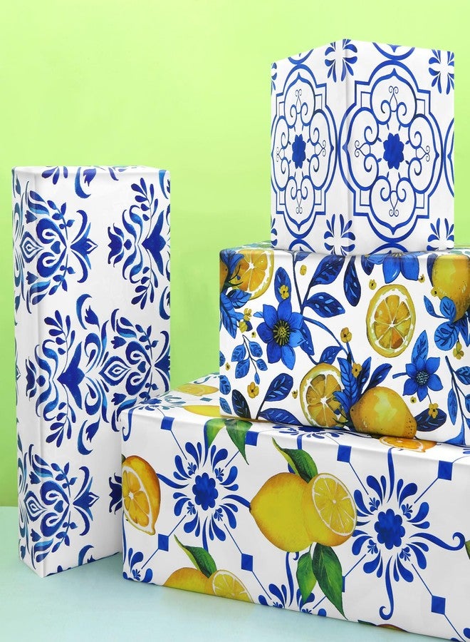 Boerni Yellow Lemon and Blue White Floral Citrus Wrapping Paper, 6 Foled Flat Sheets in 6 Designs 23 sq. ft. ttl. ,Moroccan Blue Tiles Gift Wrap for Women Girls Wedding Spring Summer Birthday Thanksgiving Party Baby Shower Packaging DIY Art Craft - Image 4