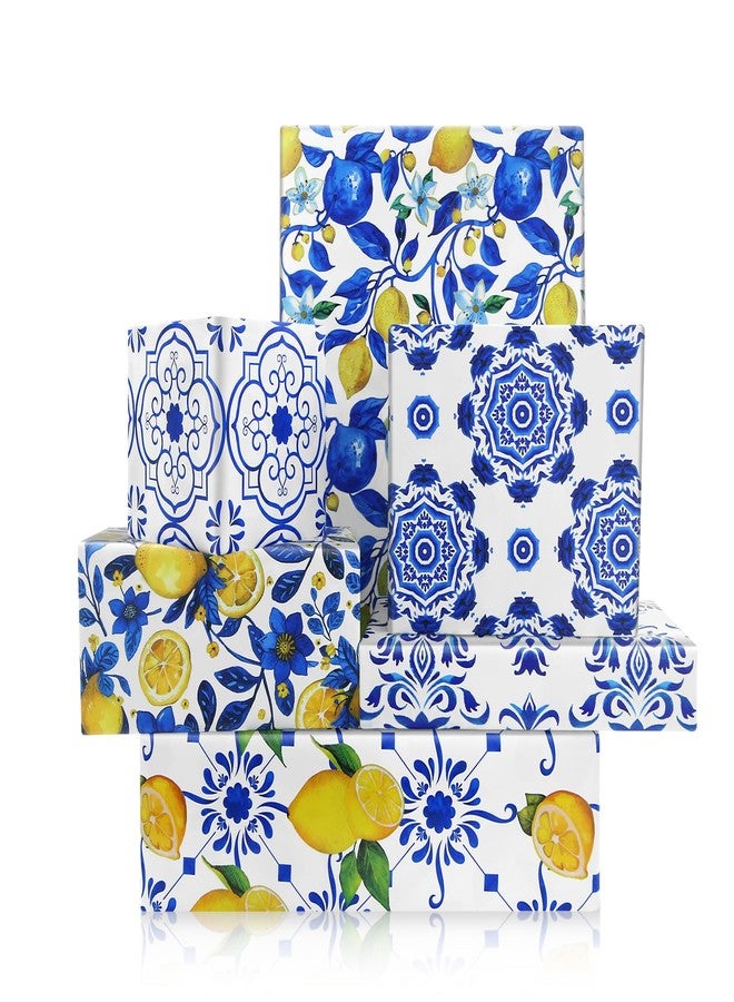 Boerni Yellow Lemon and Blue White Floral Citrus Wrapping Paper, 6 Foled Flat Sheets in 6 Designs 23 sq. ft. ttl. ,Moroccan Blue Tiles Gift Wrap for Women Girls Wedding Spring Summer Birthday Thanksgiving Party Baby Shower Packaging DIY Art Craft - Image 1