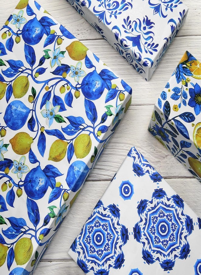 Boerni Yellow Lemon and Blue White Floral Citrus Wrapping Paper, 6 Foled Flat Sheets in 6 Designs 23 sq. ft. ttl. ,Moroccan Blue Tiles Gift Wrap for Women Girls Wedding Spring Summer Birthday Thanksgiving Party Baby Shower Packaging DIY Art Craft - Image 5