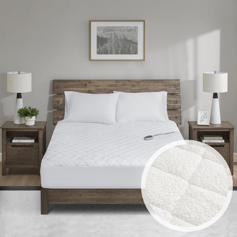 Woolrich John Rich & Bros. Woolrich Heated Mattress Pad Twin XL - Sherpa Electric Mattress Topper, Auto Shut Off, 5 Heat Levels Controller, Deep Elastic Pocket Up to 17" Mattress, UL Certified, Machine Washable, Twin XL White - Image 1
