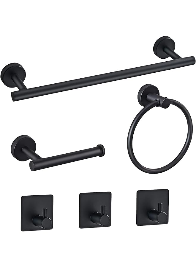 promass 6 PCS Bathroom Hardware Set, promass Stainless Steel Round Wall Mounted - Includes 16" Hand Towel Bar, Towel Ring,Toilet Paper Holder, 3 Robe Towel Hooks,Bathroom Accessories Kit(Matte Black) - Image 1