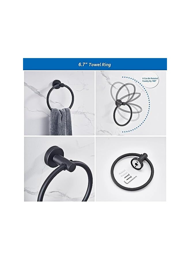 promass 6 PCS Bathroom Hardware Set, promass Stainless Steel Round Wall Mounted - Includes 16" Hand Towel Bar, Towel Ring,Toilet Paper Holder, 3 Robe Towel Hooks,Bathroom Accessories Kit(Matte Black) - Image 4