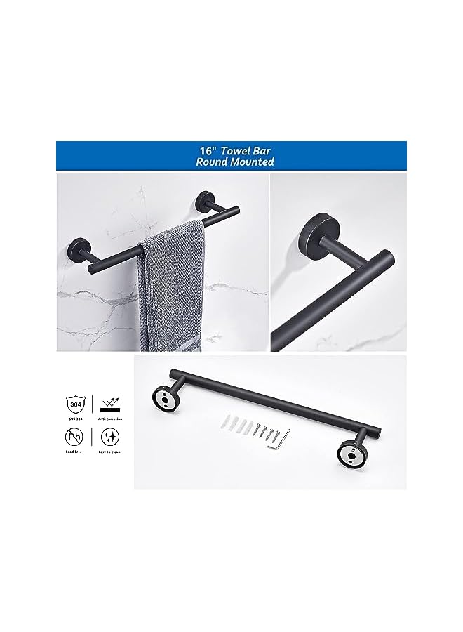 promass 6 PCS Bathroom Hardware Set, promass Stainless Steel Round Wall Mounted - Includes 16" Hand Towel Bar, Towel Ring,Toilet Paper Holder, 3 Robe Towel Hooks,Bathroom Accessories Kit(Matte Black) - Image 2