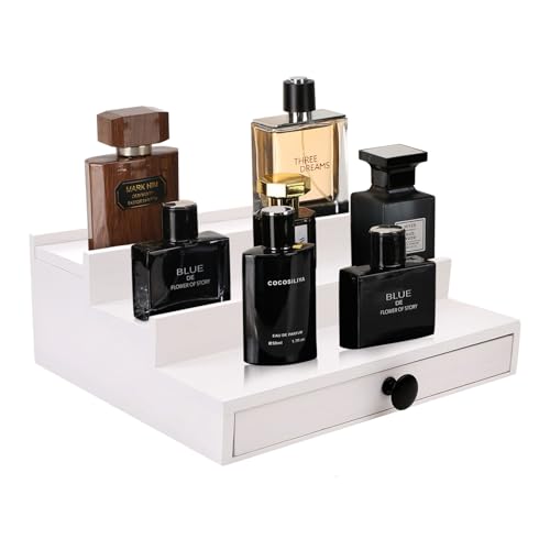 Fengligoo White Cologne Organizer for Men - 3 Tier Wooden Perfume Display Stand with Drawer and Hidden Compartment for Organizing and Storing, Cologne Holder Shelf for Dresser - Image 1