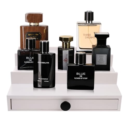 Fengligoo White Cologne Organizer for Men - 3 Tier Wooden Perfume Display Stand with Drawer and Hidden Compartment for Organizing and Storing, Cologne Holder Shelf for Dresser - Image 2