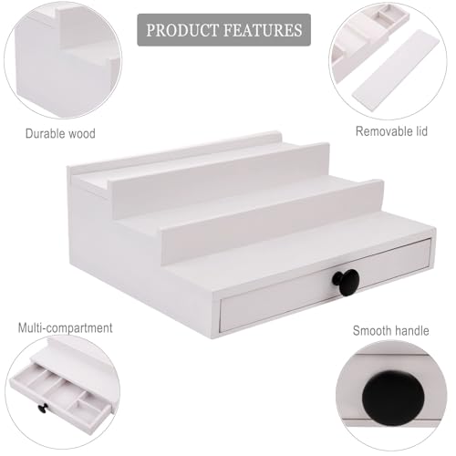 Fengligoo White Cologne Organizer for Men - 3 Tier Wooden Perfume Display Stand with Drawer and Hidden Compartment for Organizing and Storing, Cologne Holder Shelf for Dresser - Image 4