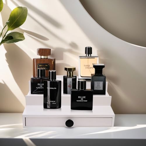 Fengligoo White Cologne Organizer for Men - 3 Tier Wooden Perfume Display Stand with Drawer and Hidden Compartment for Organizing and Storing, Cologne Holder Shelf for Dresser - Image 3