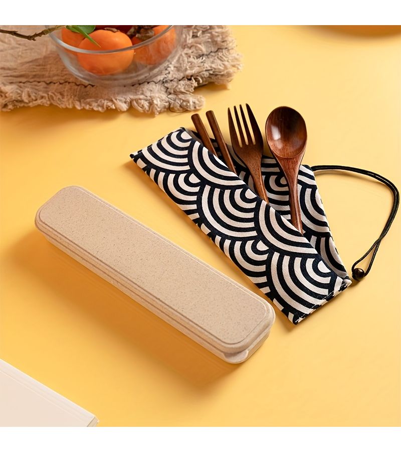 5 Piece Wooden Cutlery Set with Box and Cloth Bag for Outdoor Travel Gift - Image 3