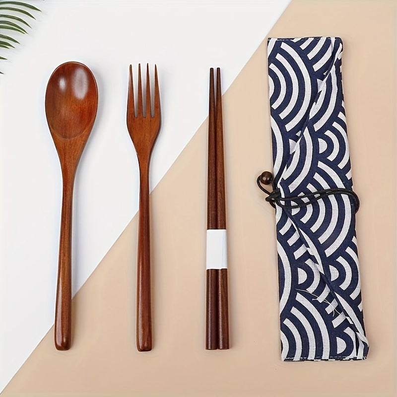5 Piece Wooden Cutlery Set with Box and Cloth Bag for Outdoor Travel Gift - Image 1