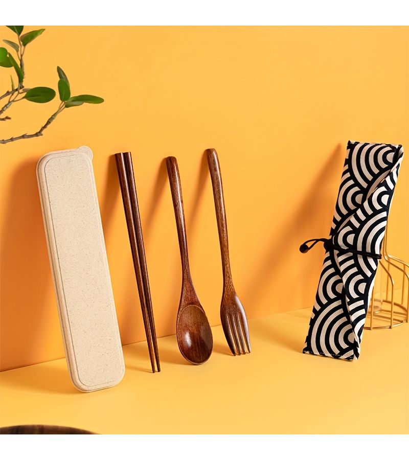 5 Piece Wooden Cutlery Set with Box and Cloth Bag for Outdoor Travel Gift - Image 4