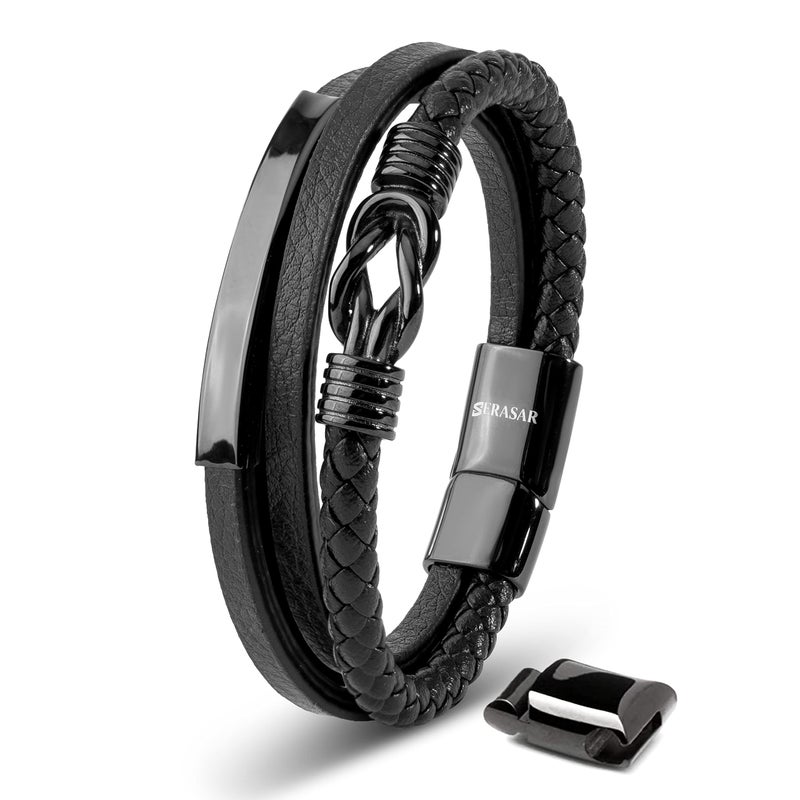 SERASAR Mens Original Leather Bracelet 20cm Black Men Gift Box Genuine Braided Adjust Able Magnetic Clasp Multi Layer Wrap Rope Man Mans Bracelets Jewelry Magnet Accessories - Image 1