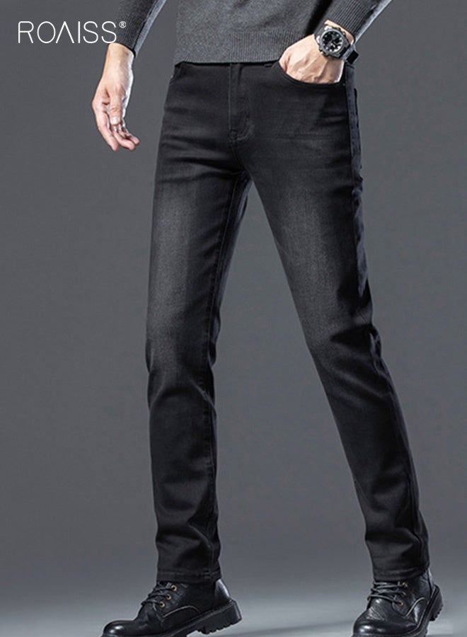 roaiss Men's New High-End Jeans Business Work Mature Man Trousers Straight Slim Stretch Casual Pants for Men Thin Good Elastic Pants Black Wearable in All Seasons  - Image 3