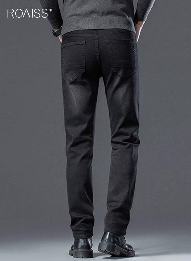 roaiss Men's New High-End Jeans Business Work Mature Man Trousers Straight Slim Stretch Casual Pants for Men Thin Good Elastic Pants Black Wearable in All Seasons  - Image 2
