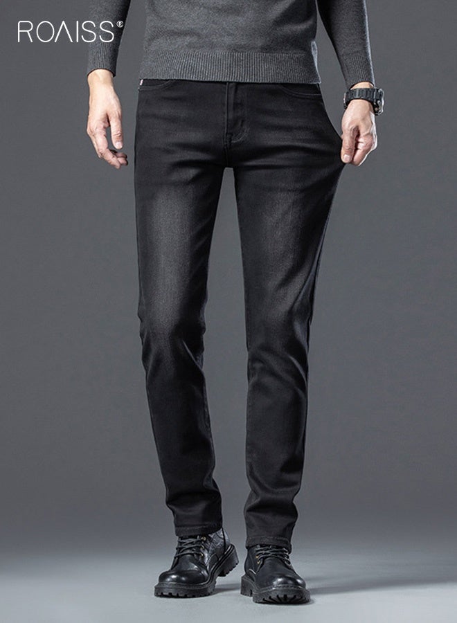 roaiss Men's New High-End Jeans Business Work Mature Man Trousers Straight Slim Stretch Casual Pants for Men Thin Good Elastic Pants Black Wearable in All Seasons  - Image 1