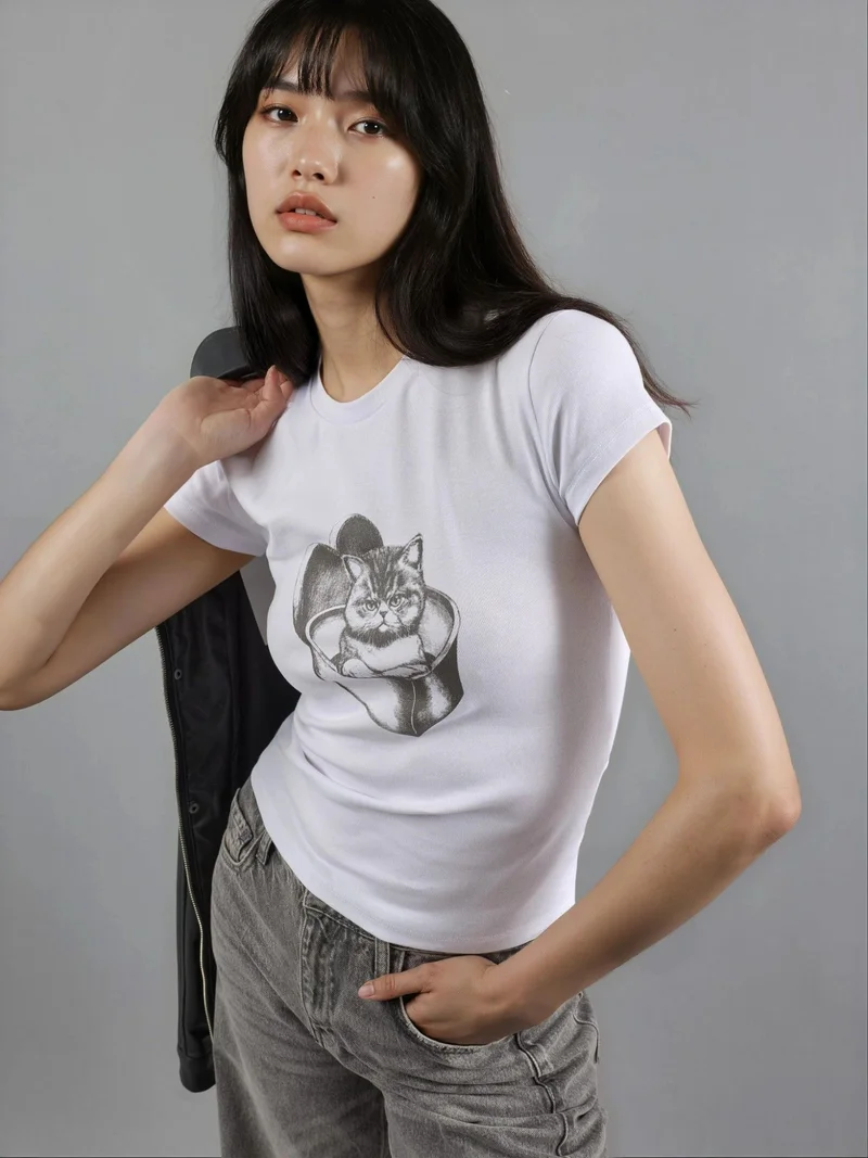 Busem BUSEM Printed Fitted Crew Neck Knitted Crop Top