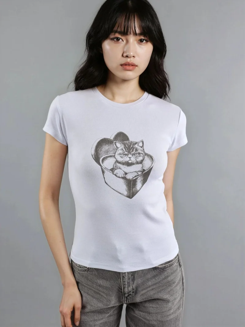 بوسيم بلوزة قصيرة محبوكة بياقة دائرية مطبوعة من بوستيم