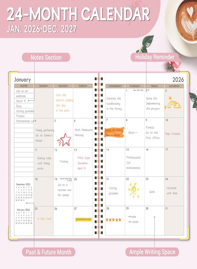 Blugool 2026-2027 Monthly Planner for Jan 2026-Dec 2027, 7.4" x 10.2" 24-Month Calendar Planner, 2 Years Spiral Hardcover Calendar for School & Office, Pink - Image 3