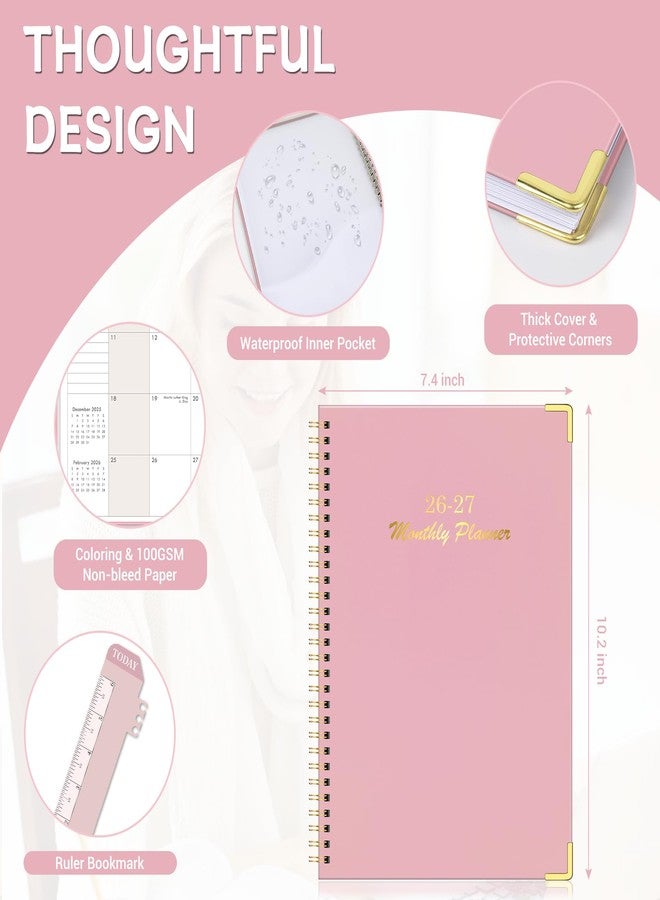 Blugool 2026-2027 Monthly Planner for Jan 2026-Dec 2027, 7.4" x 10.2" 24-Month Calendar Planner, 2 Years Spiral Hardcover Calendar for School & Office, Pink - Image 2