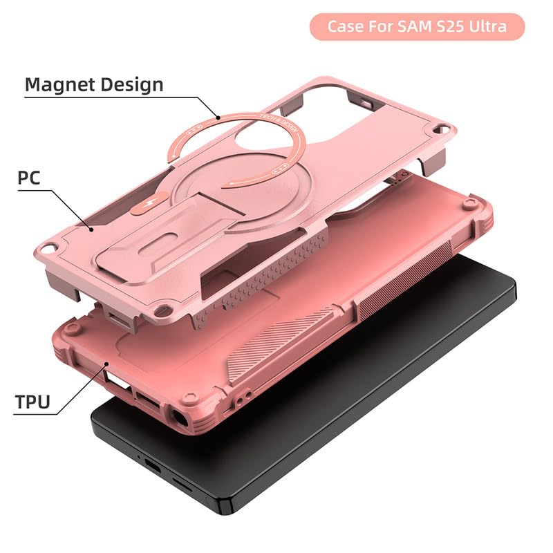 US LITE Back Cover for Samsung Galaxy S25 Ultra with Portable Kickstand | Mag-Safe Compatible Magnetic Case | Shockproof Military Grade Protection | Extreme Protection Phone Cover – Pink - Image 4