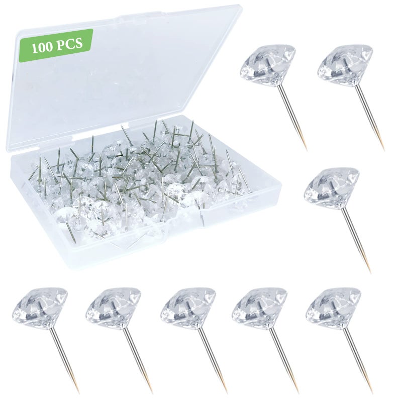 Sunenlyst 100Pcs Clear Push Pins for Cork Board, Decorative Thumb Tacks for Wall Hangings, Transparent Diamond Push Pin for Bulletin Board, Crystal Head Tacks for Posters, Office, Maps, Sofa, Office, Classroom - Image 1