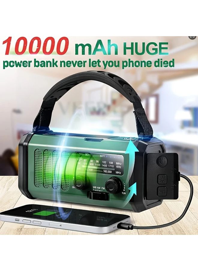 Green Solar Hand Crank Emergency Radio 10000mAh With Flashlight Compass SOS Phone Charger - Image 1