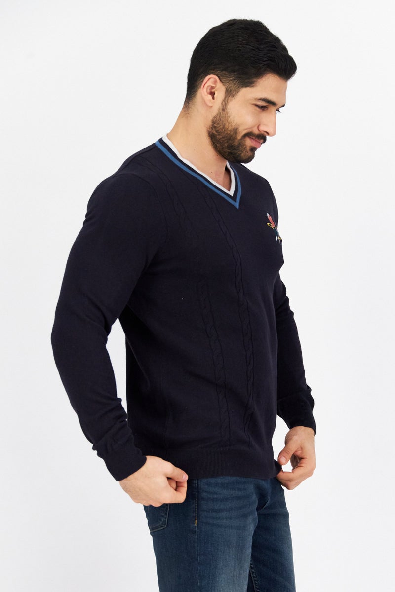 Lyle & Scott Men V-Neck Embroidered Knitted Sweater, Dark Navy - Image 2
