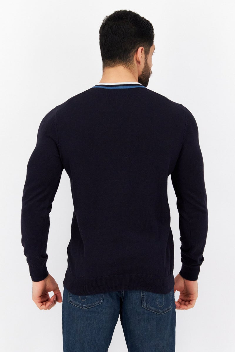 Lyle & Scott Men V-Neck Embroidered Knitted Sweater, Dark Navy - Image 4