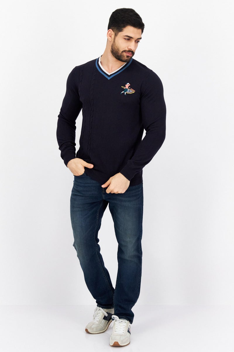 Lyle & Scott Men V-Neck Embroidered Knitted Sweater, Dark Navy - Image 3