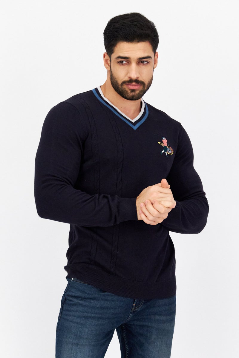 Lyle & Scott Men V-Neck Embroidered Knitted Sweater, Dark Navy - Image 1