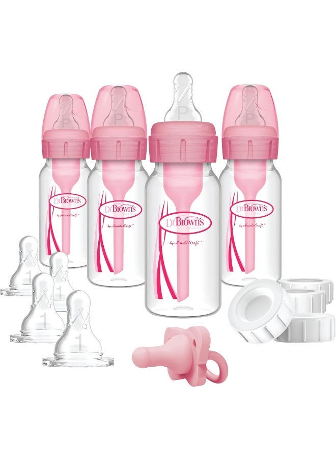 Dr. Brown's Dr. Brown's Natural Flow Anti-Colic Options+ Narrow Breast to Bottle Pump & Store Feeding Set with Slow Flow Nipples, Baby Bottle Travel Caps and 100% Silicone HappyPaci One-Piece Pacifier, Pink - Image 1