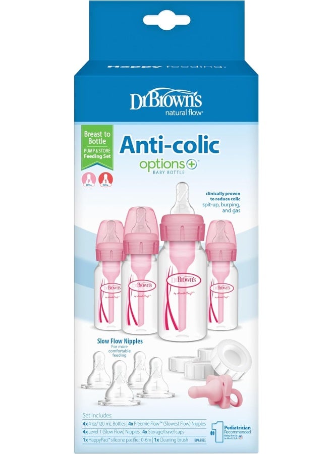 Dr. Brown's Dr. Brown's Natural Flow Anti-Colic Options+ Narrow Breast to Bottle Pump & Store Feeding Set with Slow Flow Nipples, Baby Bottle Travel Caps and 100% Silicone HappyPaci One-Piece Pacifier, Pink - Image 2