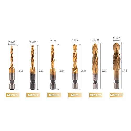 HIDOTOL Titanium Combination Drill and Tap Bits Set, 6 PC Metric Screw Taps, 3-in-1 Bit Tool for Drilling, Tapping and Countersinking - Image 2