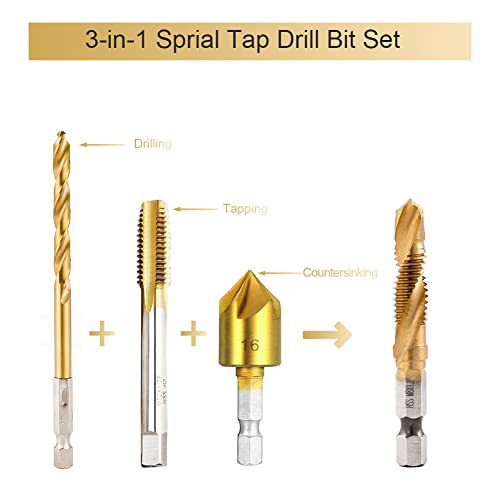 HIDOTOL Titanium Combination Drill and Tap Bits Set, 6 PC Metric Screw Taps, 3-in-1 Bit Tool for Drilling, Tapping and Countersinking - Image 3