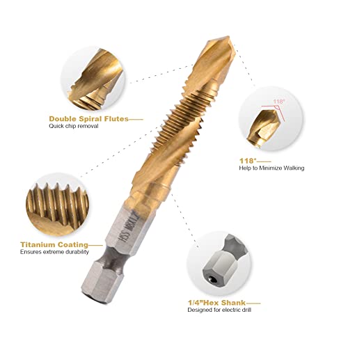 HIDOTOL Titanium Combination Drill and Tap Bits Set, 6 PC Metric Screw Taps, 3-in-1 Bit Tool for Drilling, Tapping and Countersinking - Image 4