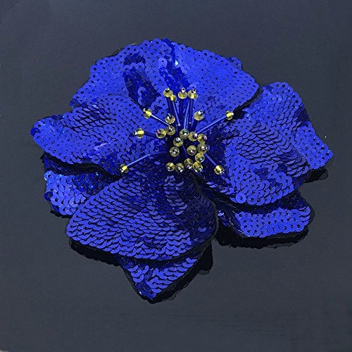 FEEPOP 2 pcs Blue/Gold/Green Sequins Patch DIY Flower Beaded Patches for Clothes Sew On Paillette Embroidered Patch Motif Applique (Blue) - Image 1