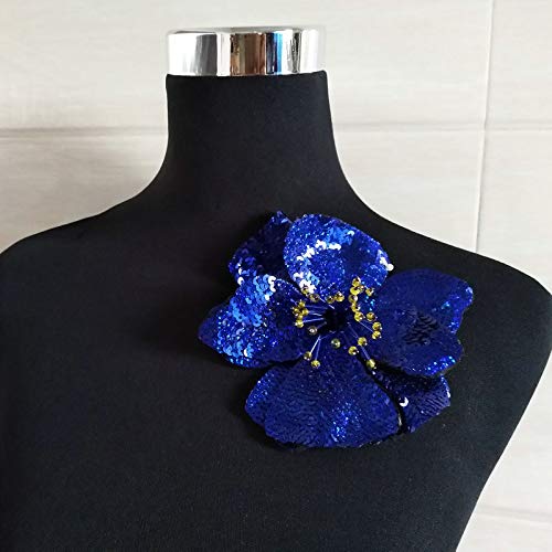 FEEPOP 2 pcs Blue/Gold/Green Sequins Patch DIY Flower Beaded Patches for Clothes Sew On Paillette Embroidered Patch Motif Applique (Blue) - Image 5