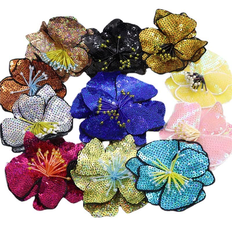 FEEPOP 2 pcs Blue/Gold/Green Sequins Patch DIY Flower Beaded Patches for Clothes Sew On Paillette Embroidered Patch Motif Applique (Blue) - Image 3