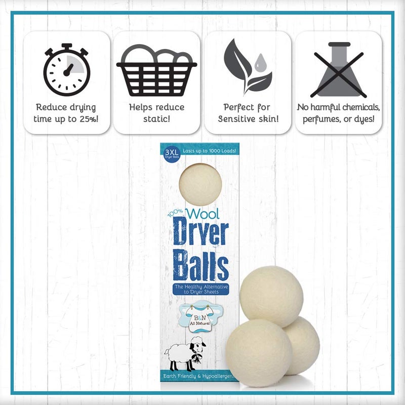 B&N All Natural at Home, Daisy's Wool Dryer Balls for Sensitive Skin, High Moisture Absorbent, Static Reducing and Wrinkle Prevention, XL Pieces, White, 3 Count - Image 2