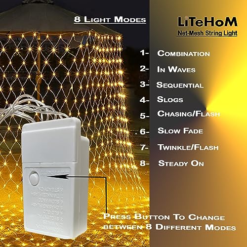 Litehom LED Net Mesh String Lights, 6.6Ft X 6.6Ft, 144 LEDs, 8 Modes Diwali Decor with Diwali Lights for Home Decoration! LED Diwali Light, LED Lights for Home Decoration (Warm Net Light) - Image 3