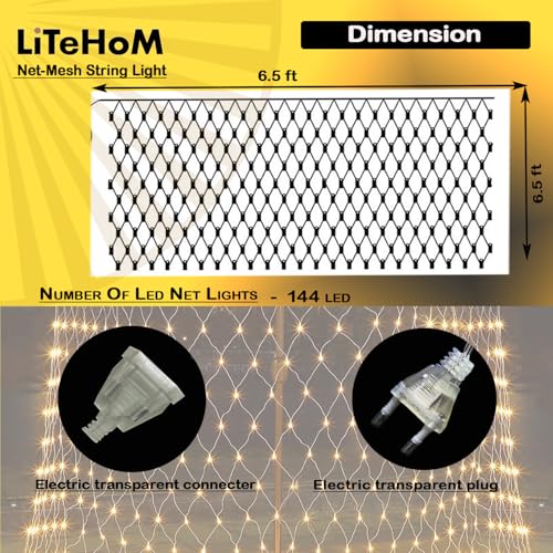 Litehom LED Net Mesh String Lights, 6.6Ft X 6.6Ft, 144 LEDs, 8 Modes Diwali Decor with Diwali Lights for Home Decoration! LED Diwali Light, LED Lights for Home Decoration (Warm Net Light) - Image 2