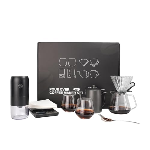 SuperCook Coffee Pour Over Kit Hand Drip with Kettle, Electric Grinder, Camping Travel Coffee Kit Ideal for Anniversary Birthday Gift - Image 1