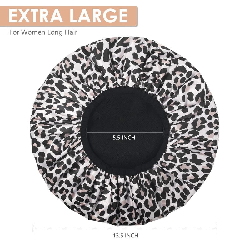 Aquior Shower Cap,Extra Large Triple Layer Bathing Cap with Dry Hair Function for Women Microfiber Terry Cloth Silky Satin 100%% Waterproof Reusable Long Hair Bath Caps (Leopard) - Image 2