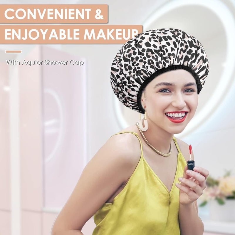 Aquior Shower Cap,Extra Large Triple Layer Bathing Cap with Dry Hair Function for Women Microfiber Terry Cloth Silky Satin 100%% Waterproof Reusable Long Hair Bath Caps (Leopard) - Image 5
