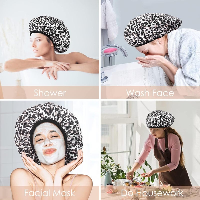 Aquior Shower Cap,Extra Large Triple Layer Bathing Cap with Dry Hair Function for Women Microfiber Terry Cloth Silky Satin 100%% Waterproof Reusable Long Hair Bath Caps (Leopard) - Image 4