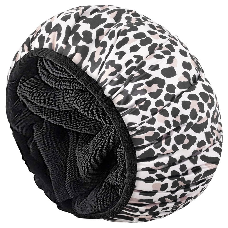 Aquior Shower Cap,Extra Large Triple Layer Bathing Cap with Dry Hair Function for Women Microfiber Terry Cloth Silky Satin 100%% Waterproof Reusable Long Hair Bath Caps (Leopard) - Image 1