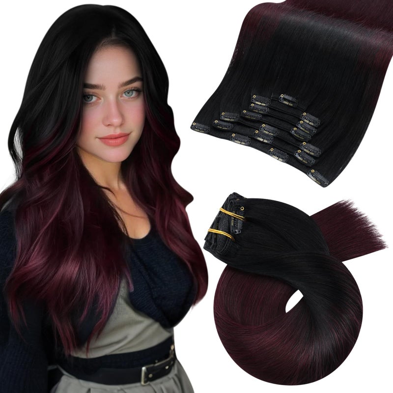 Moresoo Clip in Hair Extensions Dark Red Hair Extensions Clip ins Long Black to Burgundy Ombre Double Weft 1B99J Balayage Natural Black to Deep Wine Red Long And Straight 120g7pcs 20 inch