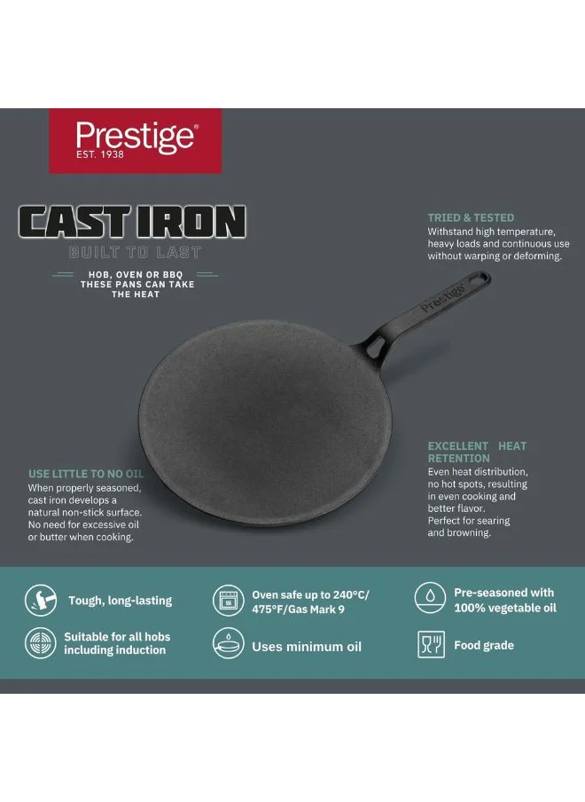Prestige Prestige Cast Iron Curved Tawa 26 cm | Induction Cast Iron Tawa Pan for Roti/Chapati/Dosa  with Stick Handle | Pre-Seasoned Cast Iron Cookware PR48884